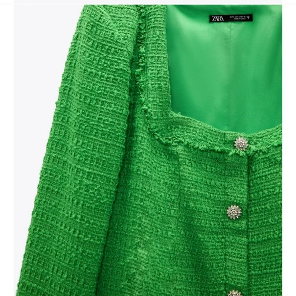 Zara * Tweed Textured Weave Blazer Dress with Jewel Buttons Green - Picture 14 of 14